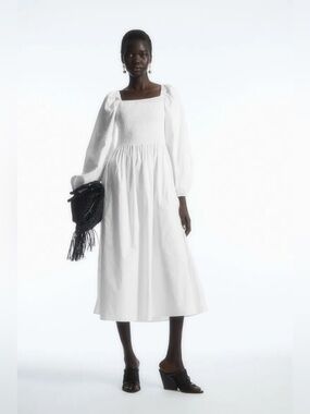 COS Crispy While Smocked Off-The-Shoulder Smocked Midi Dress Size 6 Side Pockets
